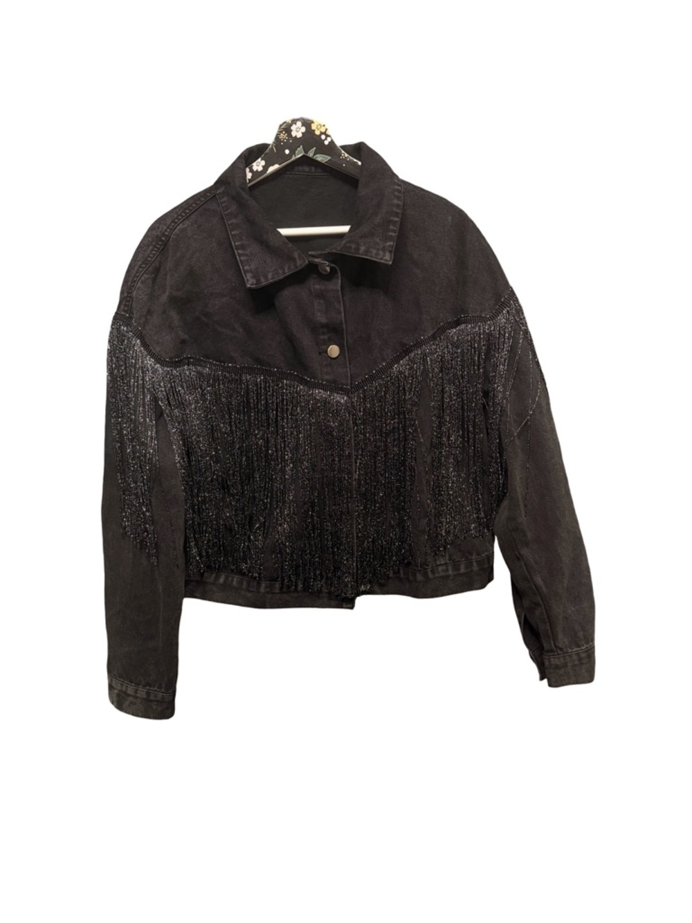 Black Acid Wash Denim Jacket Metallic Fringe Trim Western Festival Size Large